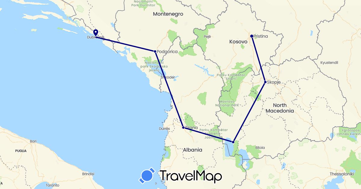 TravelMap itinerary: driving in Albania, Croatia, Montenegro, Macedonia, Kosovo (Europe)